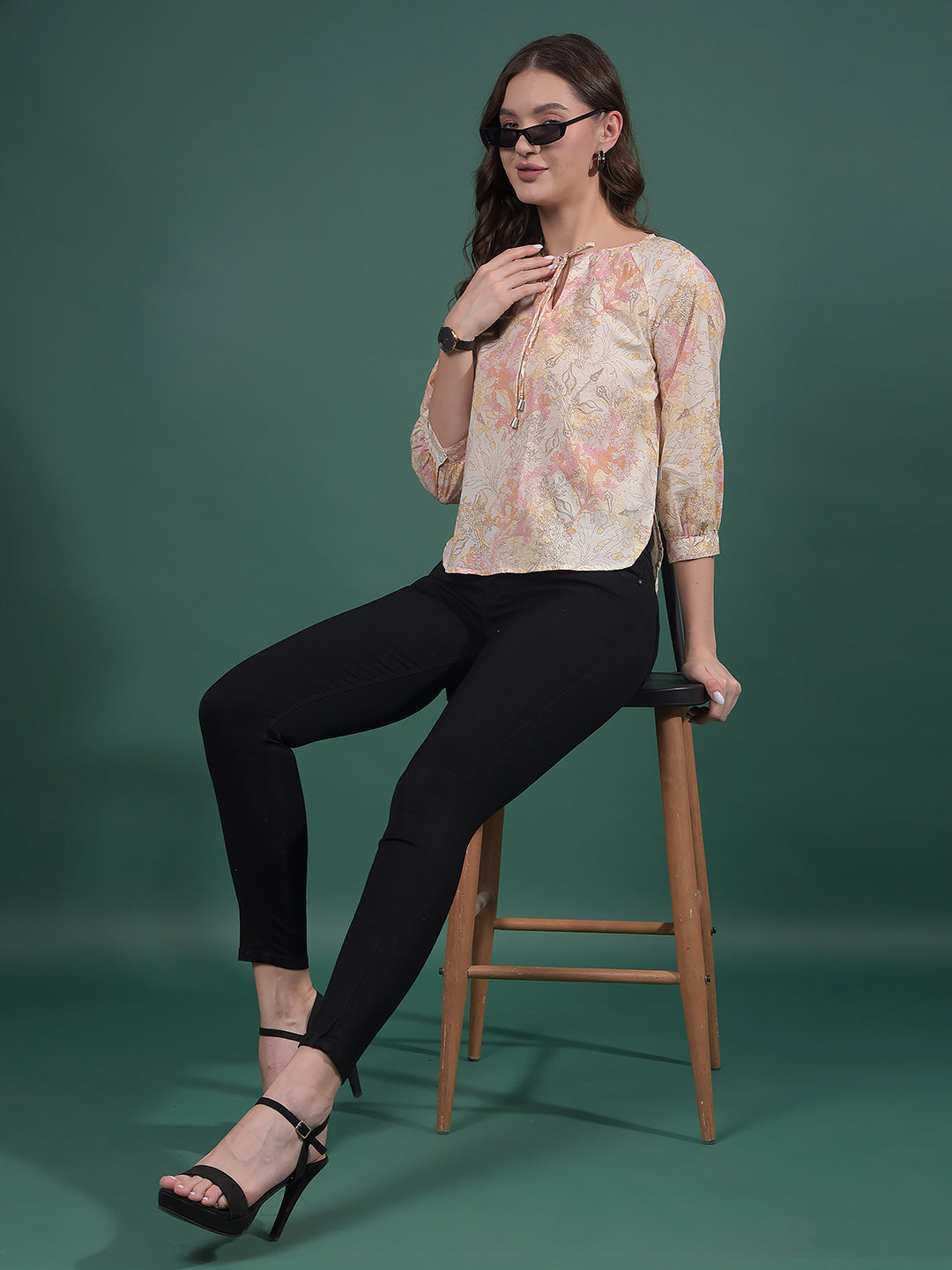 Peach Floral Print 100% Cotton Top-Women Tops-Crimsoune Club