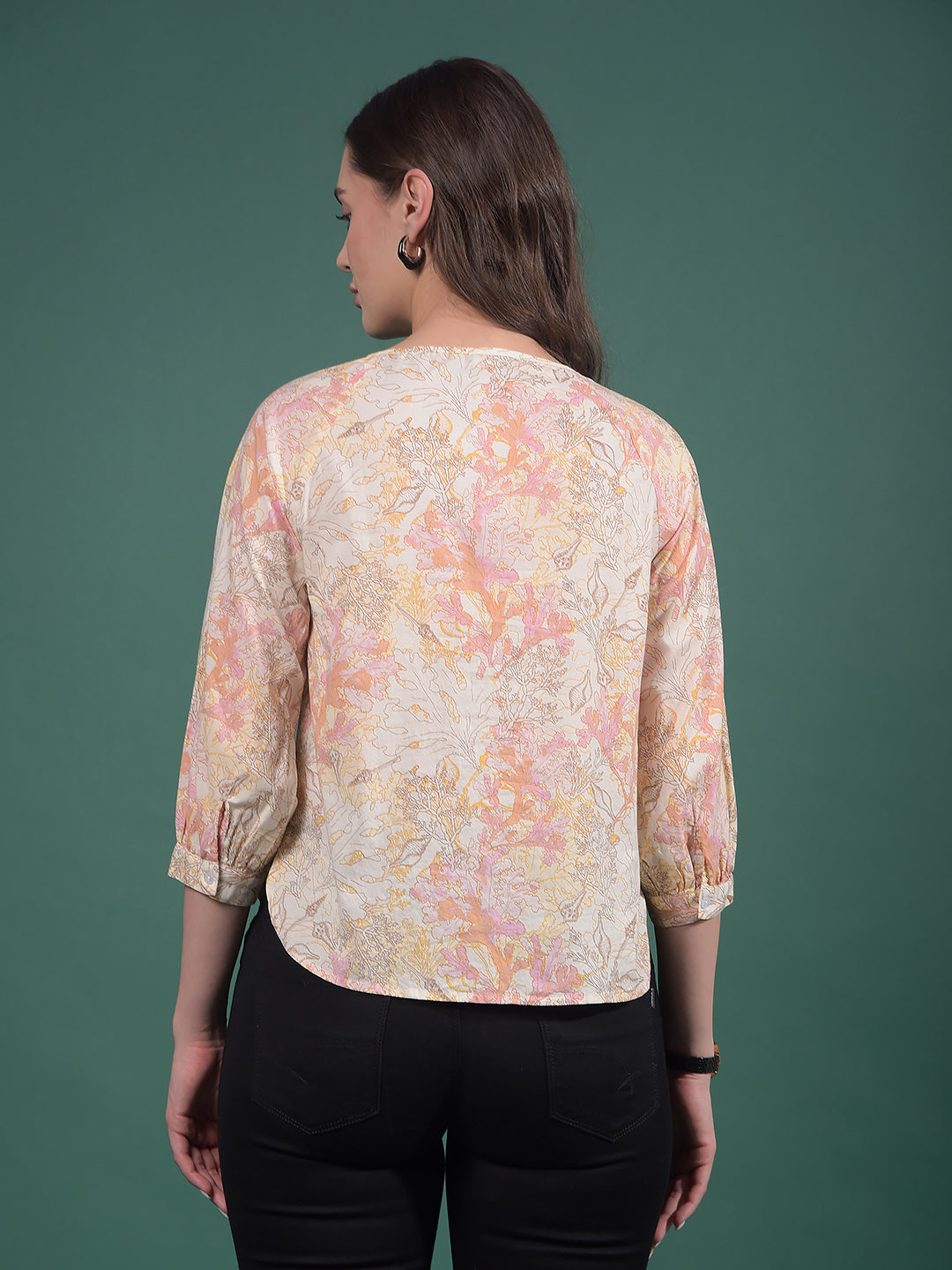 Peach Floral Print 100% Cotton Top-Women Tops-Crimsoune Club