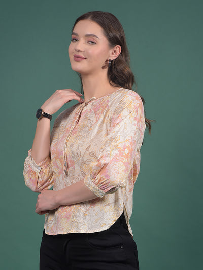 Peach Floral Print 100% Cotton Top-Women Tops-Crimsoune Club