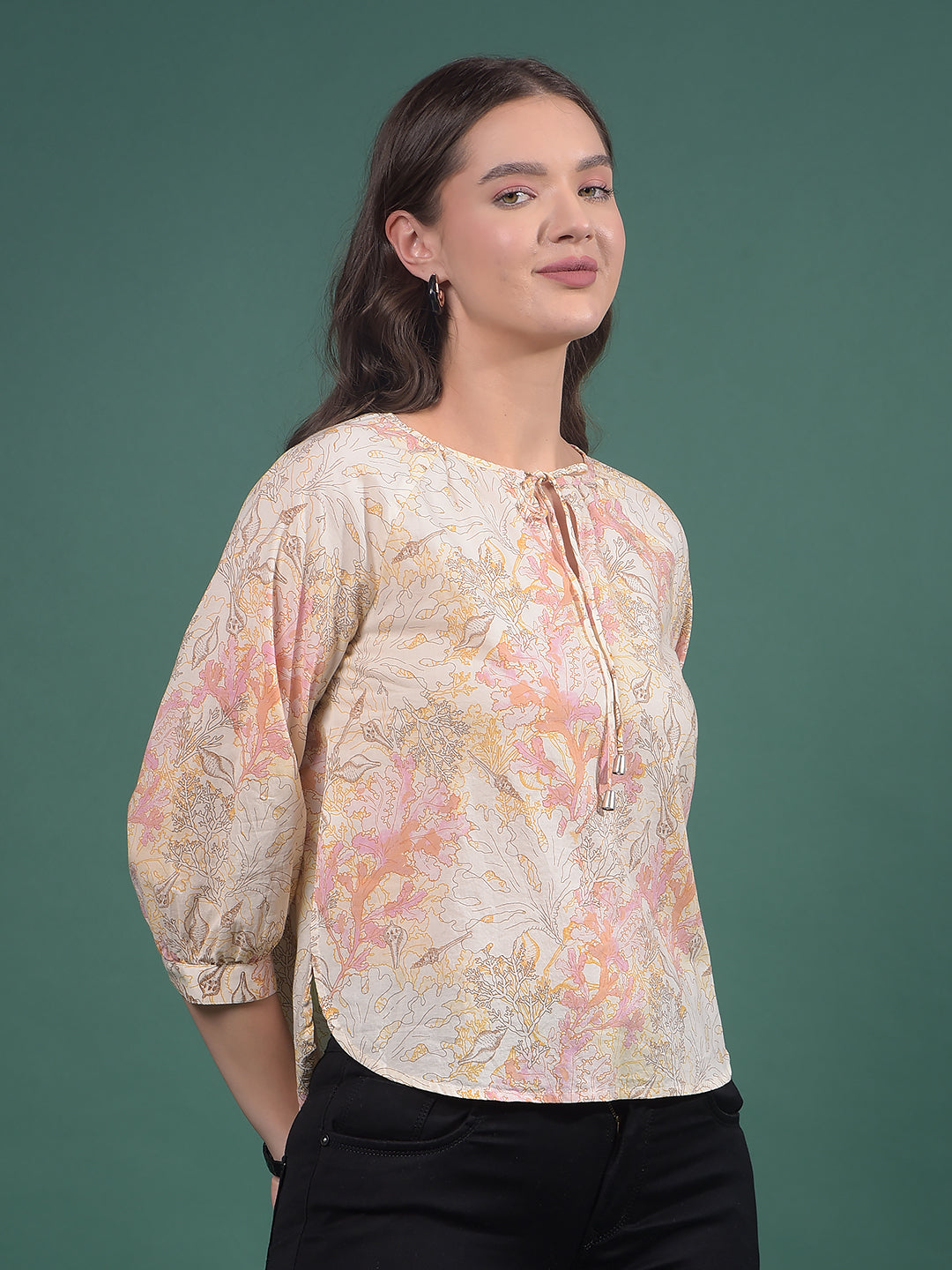 Peach Floral Print 100% Cotton Top-Women Tops-Crimsoune Club