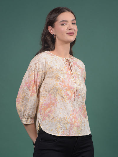 Peach Floral Print 100% Cotton Top-Women Tops-Crimsoune Club