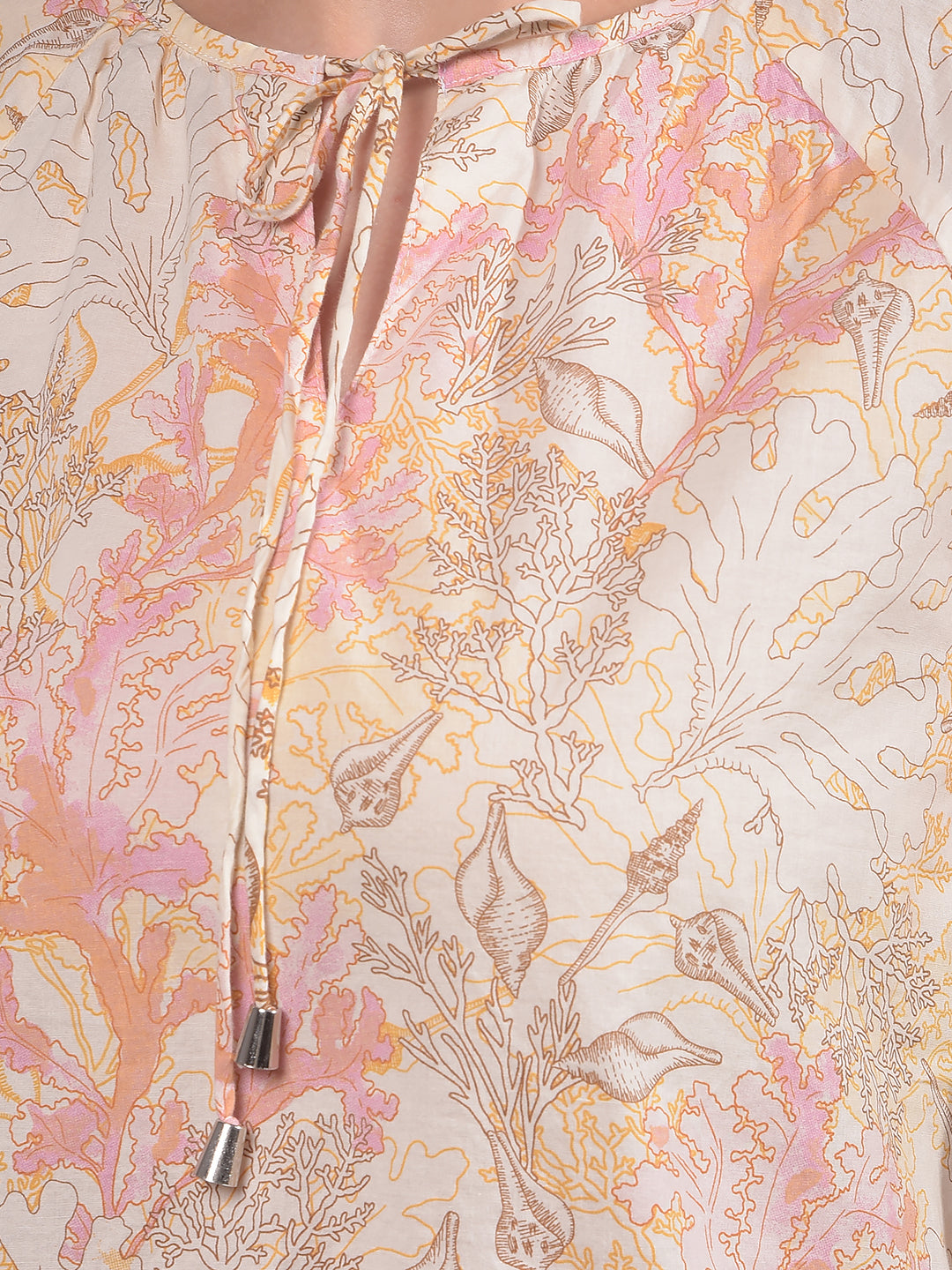 Peach Floral Print 100% Cotton Top-Women Tops-Crimsoune Club