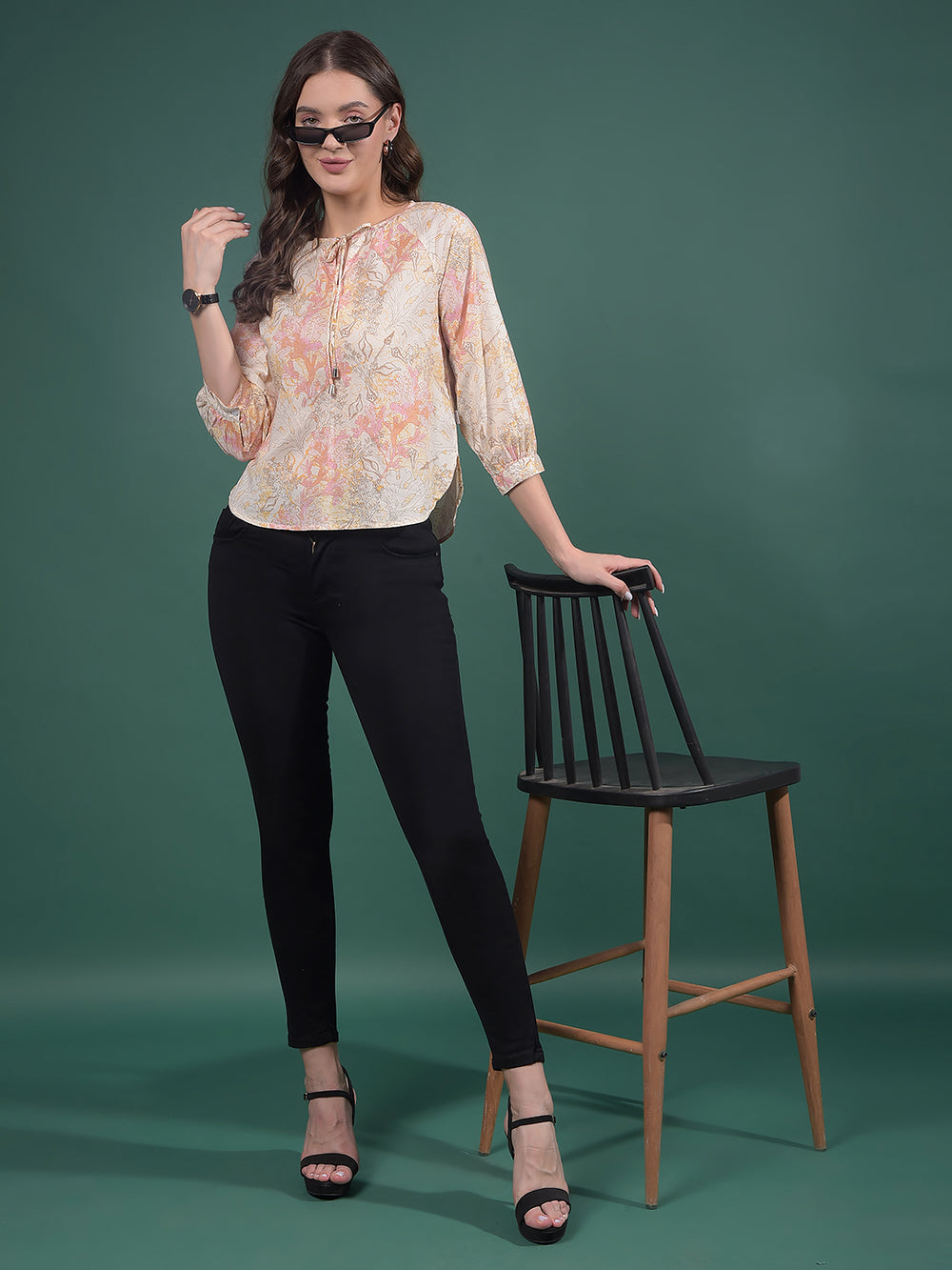 Peach Floral Print 100% Cotton Top-Women Tops-Crimsoune Club
