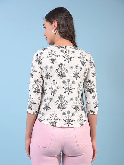 Women's White Floral Print 100% Cotton Top-Women Tops-Crimsoune Club