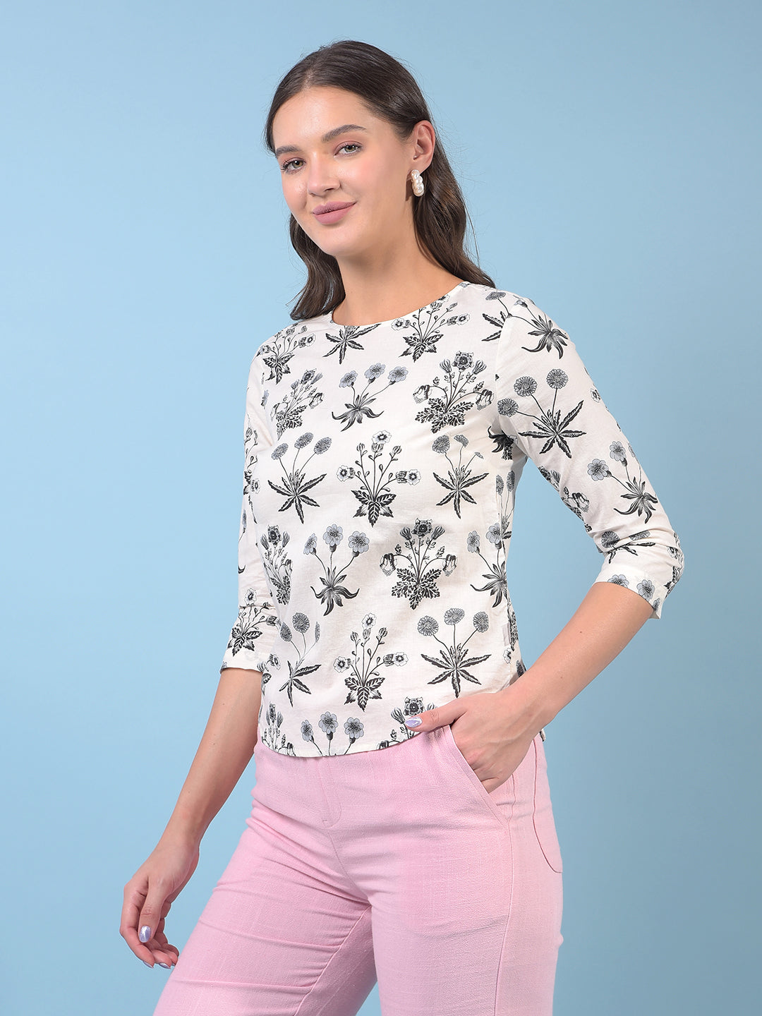 Women's White Floral Print 100% Cotton Top-Women Tops-Crimsoune Club