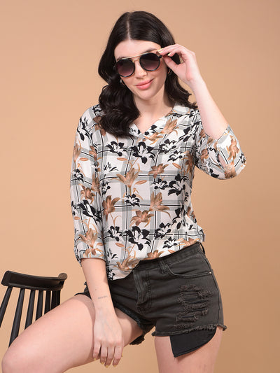 Brown Floral Print V-Neck Top-Women Tops-Crimsoune Club