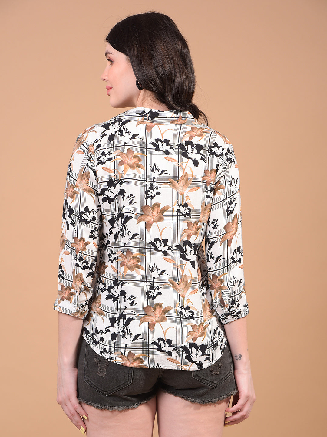 Brown Floral Print V-Neck Top-Women Tops-Crimsoune Club