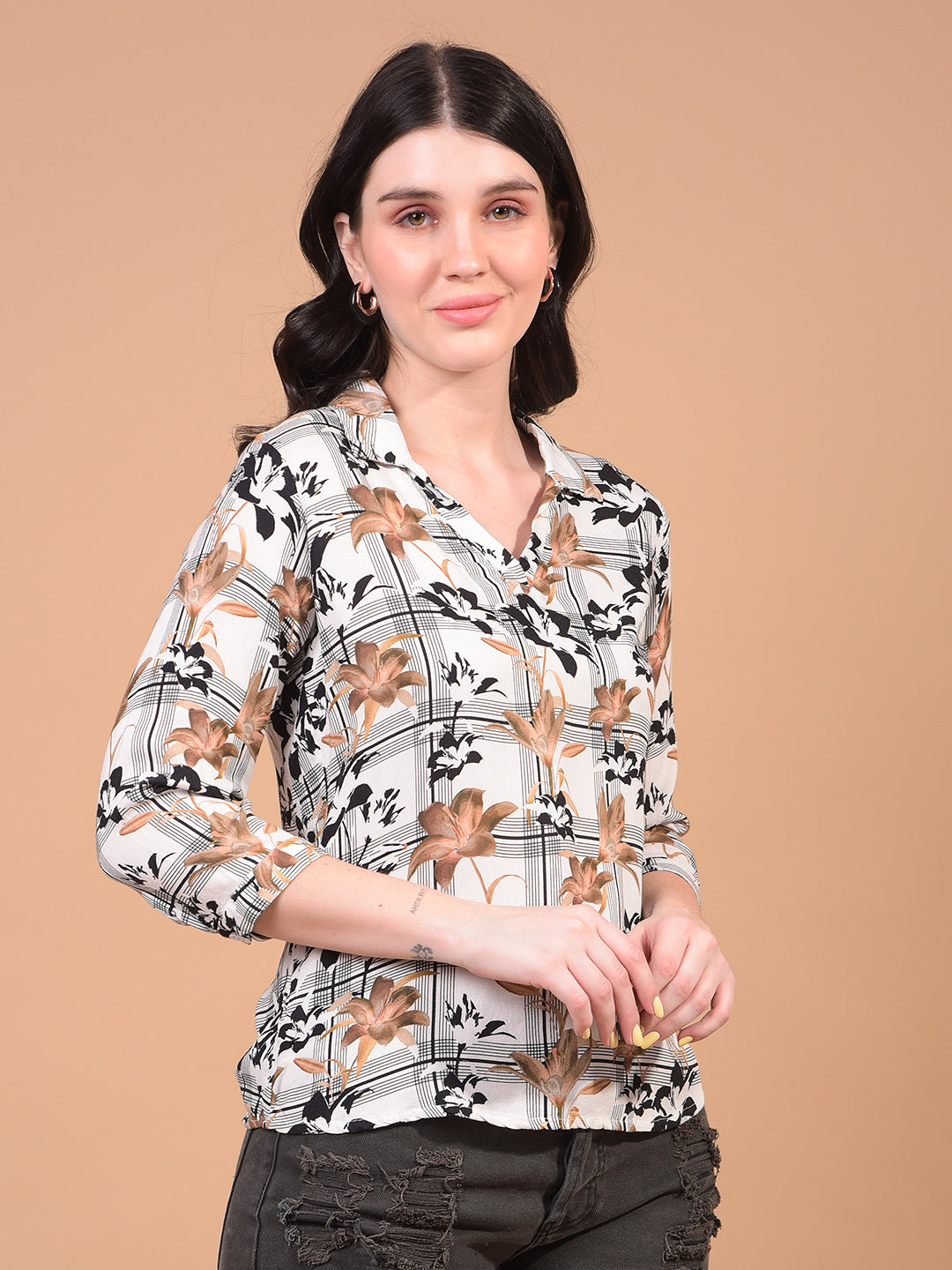 Brown Floral Print V-Neck Top-Women Tops-Crimsoune Club