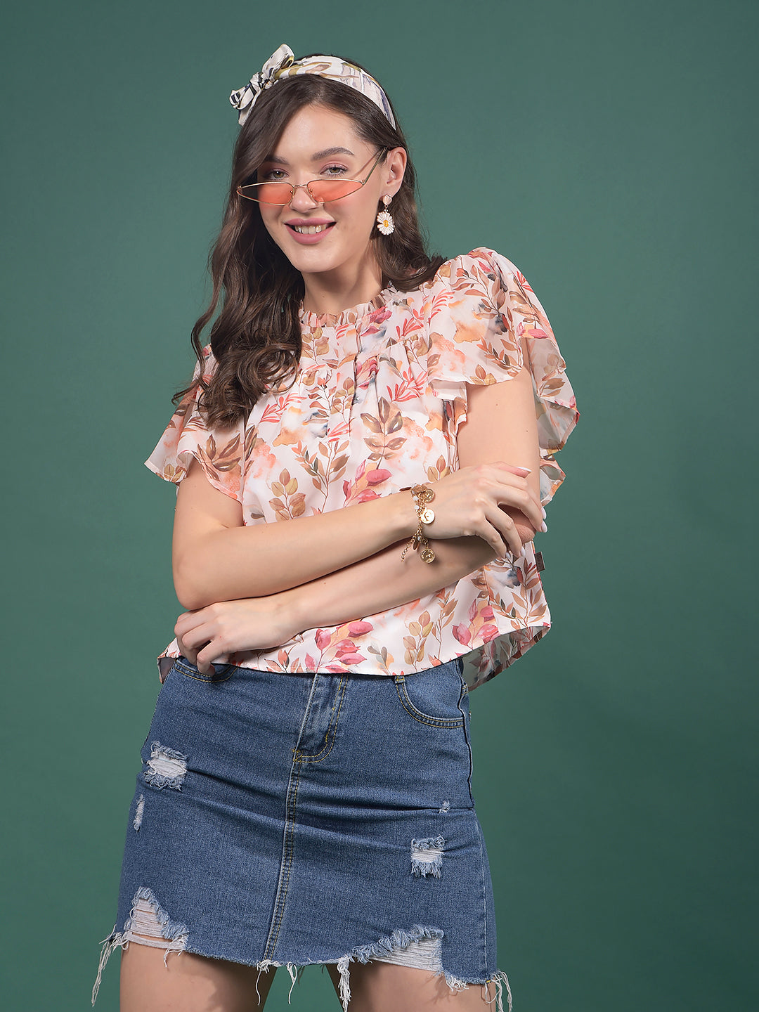 Peach Floral Print Top-Women Tops-Crimsoune Club