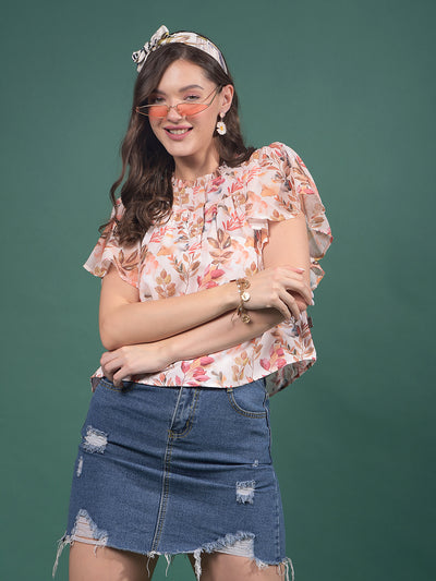 Peach Floral Print Top-Women Tops-Crimsoune Club