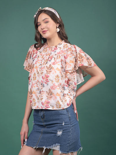 Peach Floral Print Top-Women Tops-Crimsoune Club