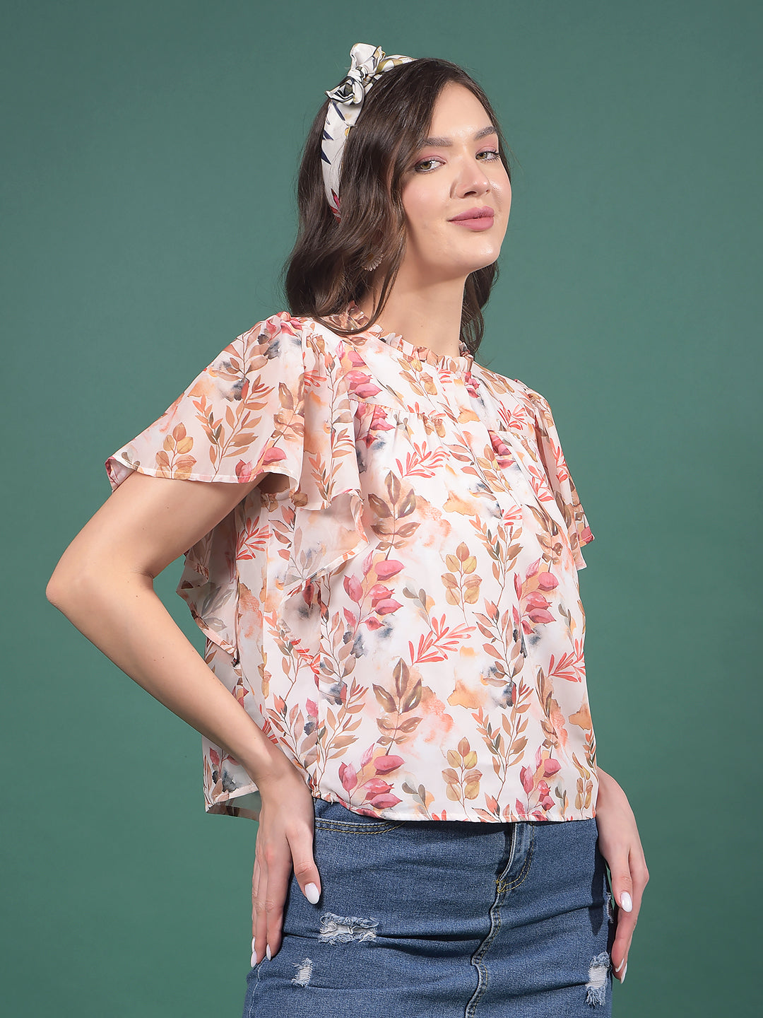 Peach Floral Print Top-Women Tops-Crimsoune Club