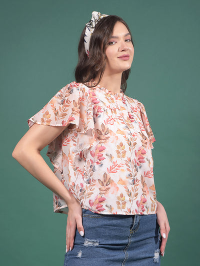 Peach Floral Print Top-Women Tops-Crimsoune Club