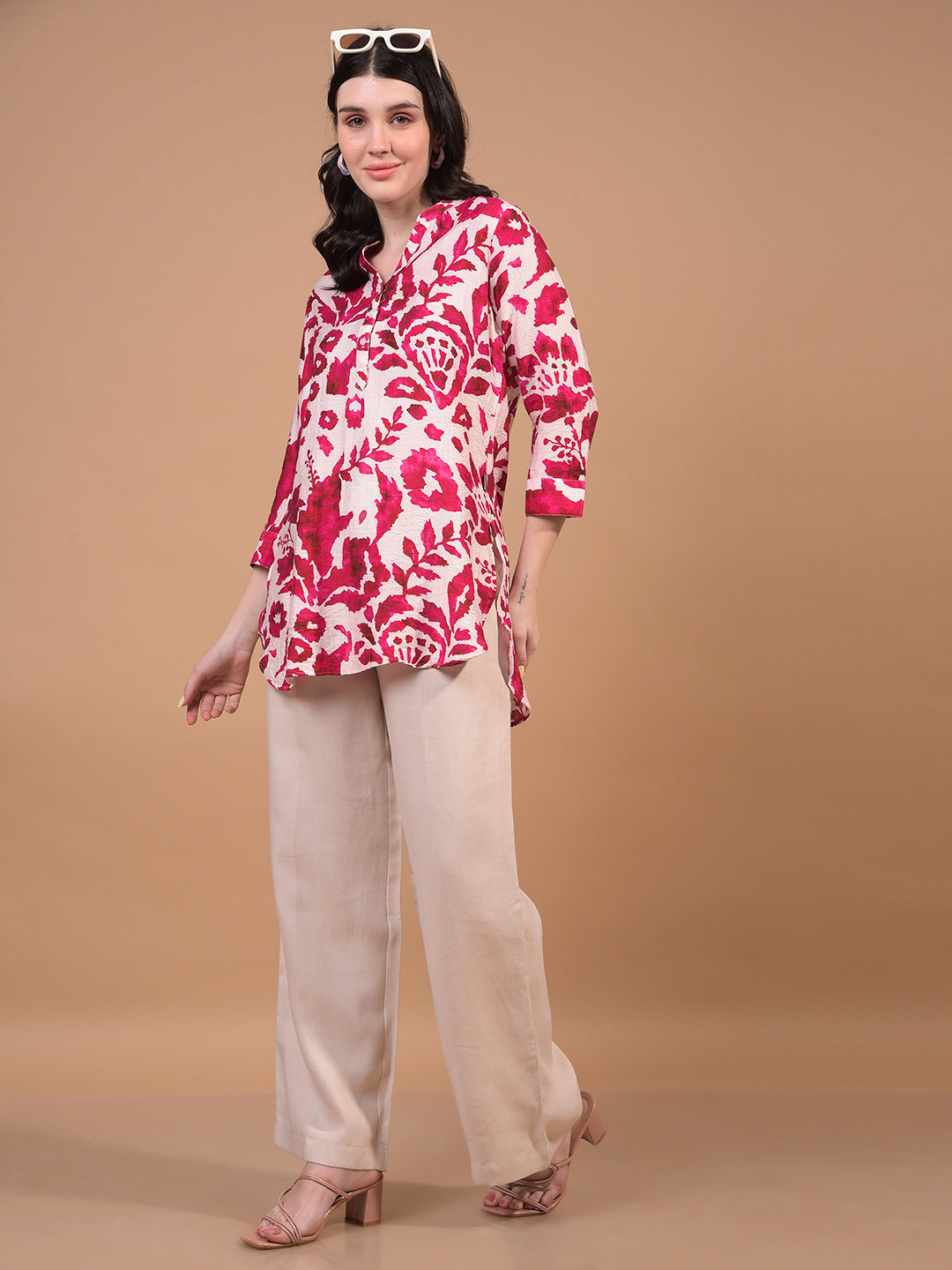 Women's Red Floral Print V-Neck Top-Women Tops-Crimsoune Club