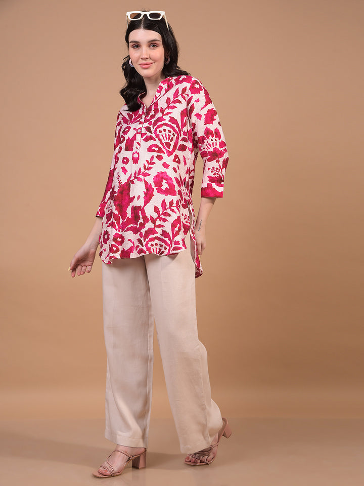 Women's Red Floral Print V-Neck Top-Women Tops-Crimsoune Club