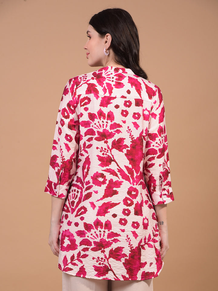 Women's Red Floral Print V-Neck Top-Women Tops-Crimsoune Club