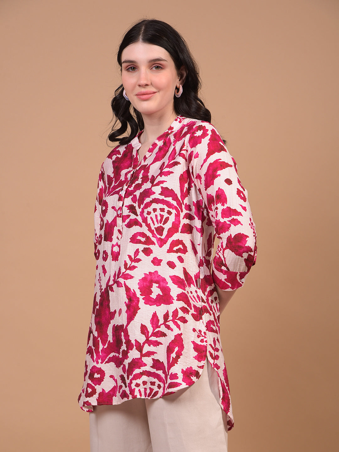 Women's Red Floral Print V-Neck Top-Women Tops-Crimsoune Club