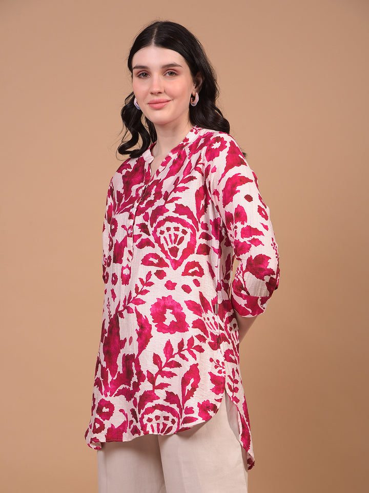 Women's Red Floral Print V-Neck Top-Women Tops-Crimsoune Club