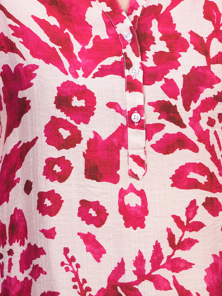 Women's Red Floral Print V-Neck Top-Women Tops-Crimsoune Club