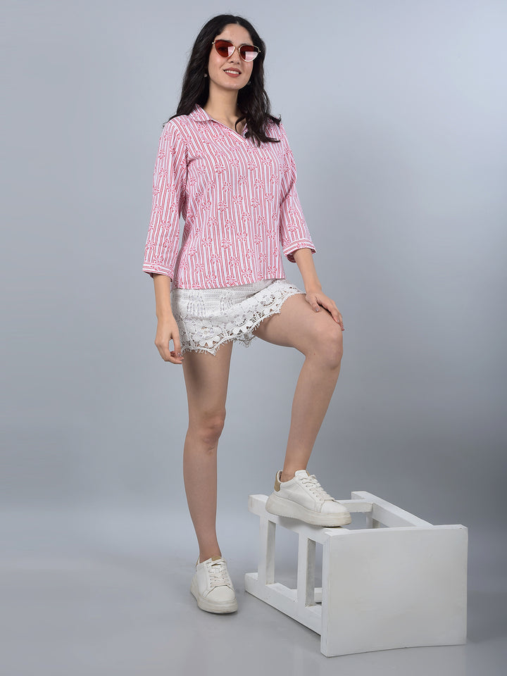 Red Floral Print Linen Top-Women Tops-Crimsoune Club