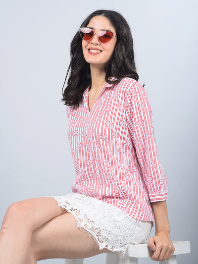 Red Floral Print Linen Top-Women Tops-Crimsoune Club