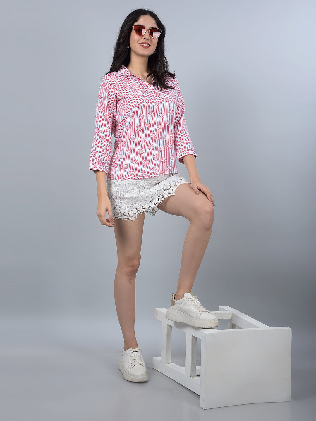 Red Floral Print Linen Top-Women Tops-Crimsoune Club