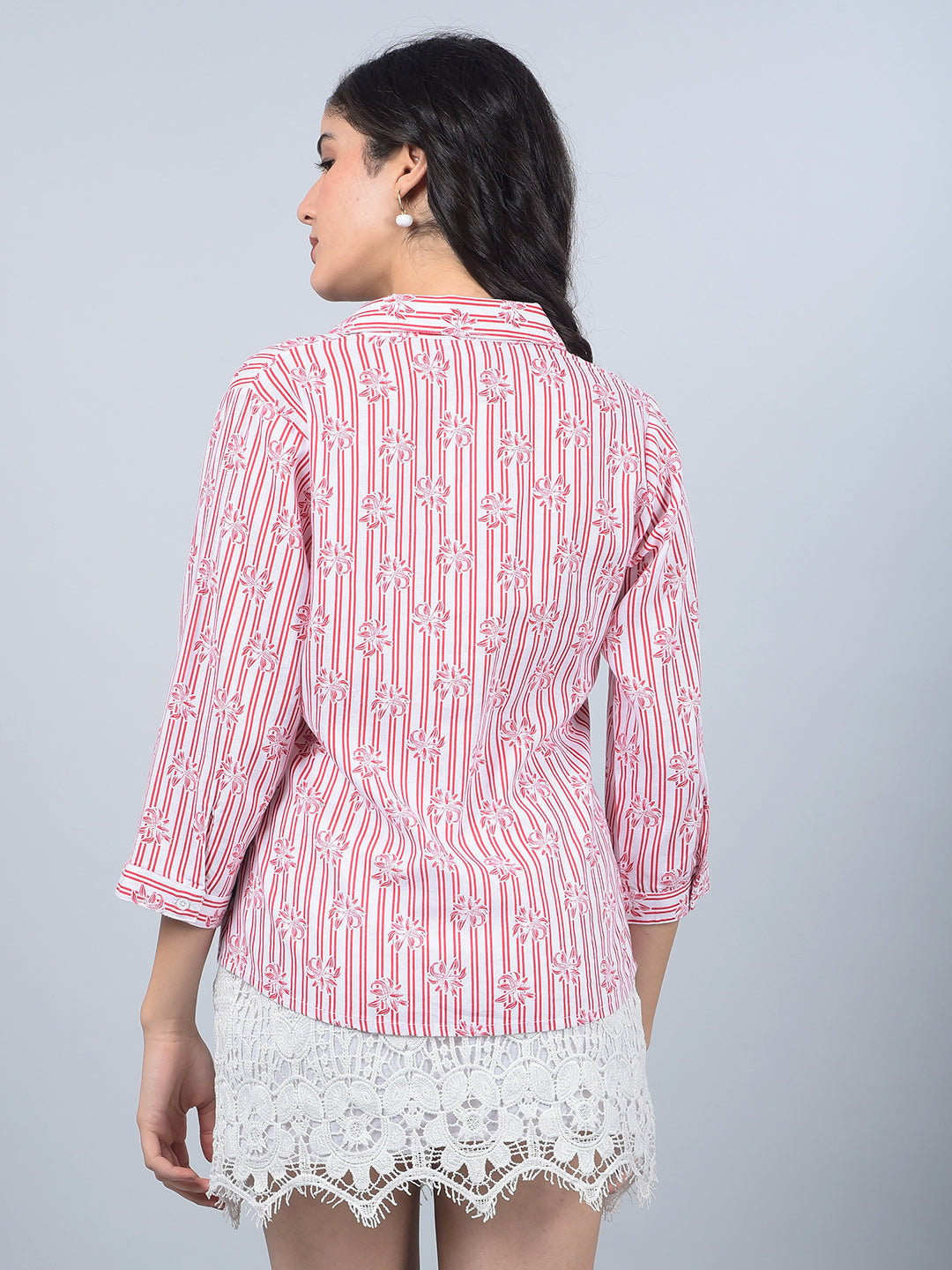 Red Floral Print Linen Top-Women Tops-Crimsoune Club