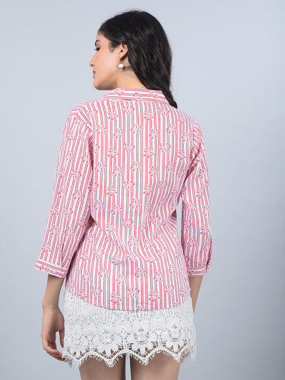 Red Floral Print Linen Top-Women Tops-Crimsoune Club