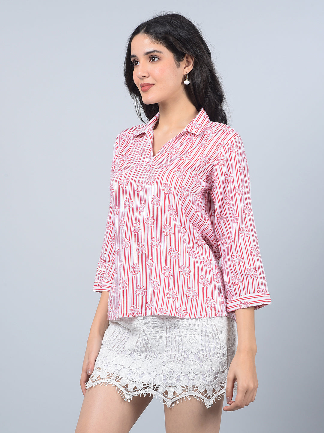 Red Floral Print Linen Top-Women Tops-Crimsoune Club