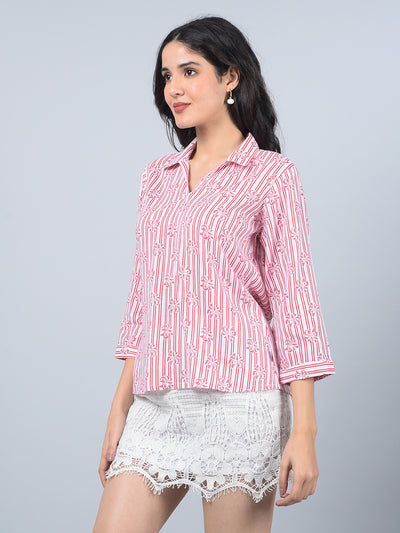 Red Floral Print Linen Top-Women Tops-Crimsoune Club