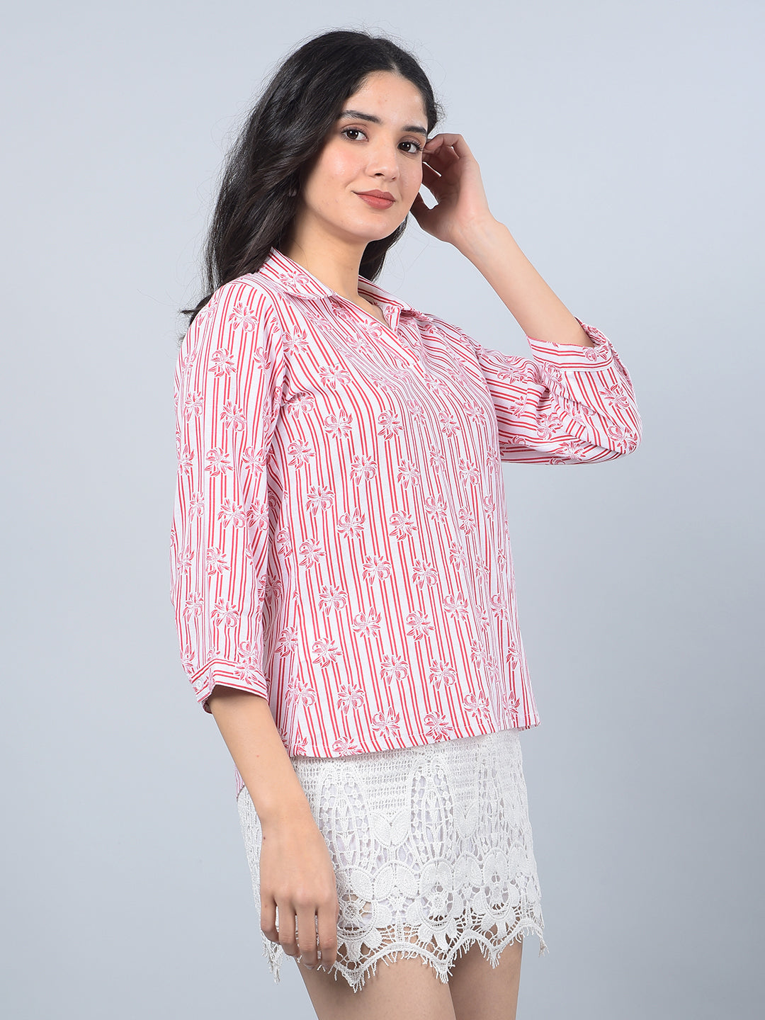 Red Floral Print Linen Top-Women Tops-Crimsoune Club