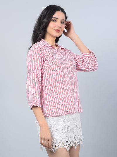 Red Floral Print Linen Top-Women Tops-Crimsoune Club