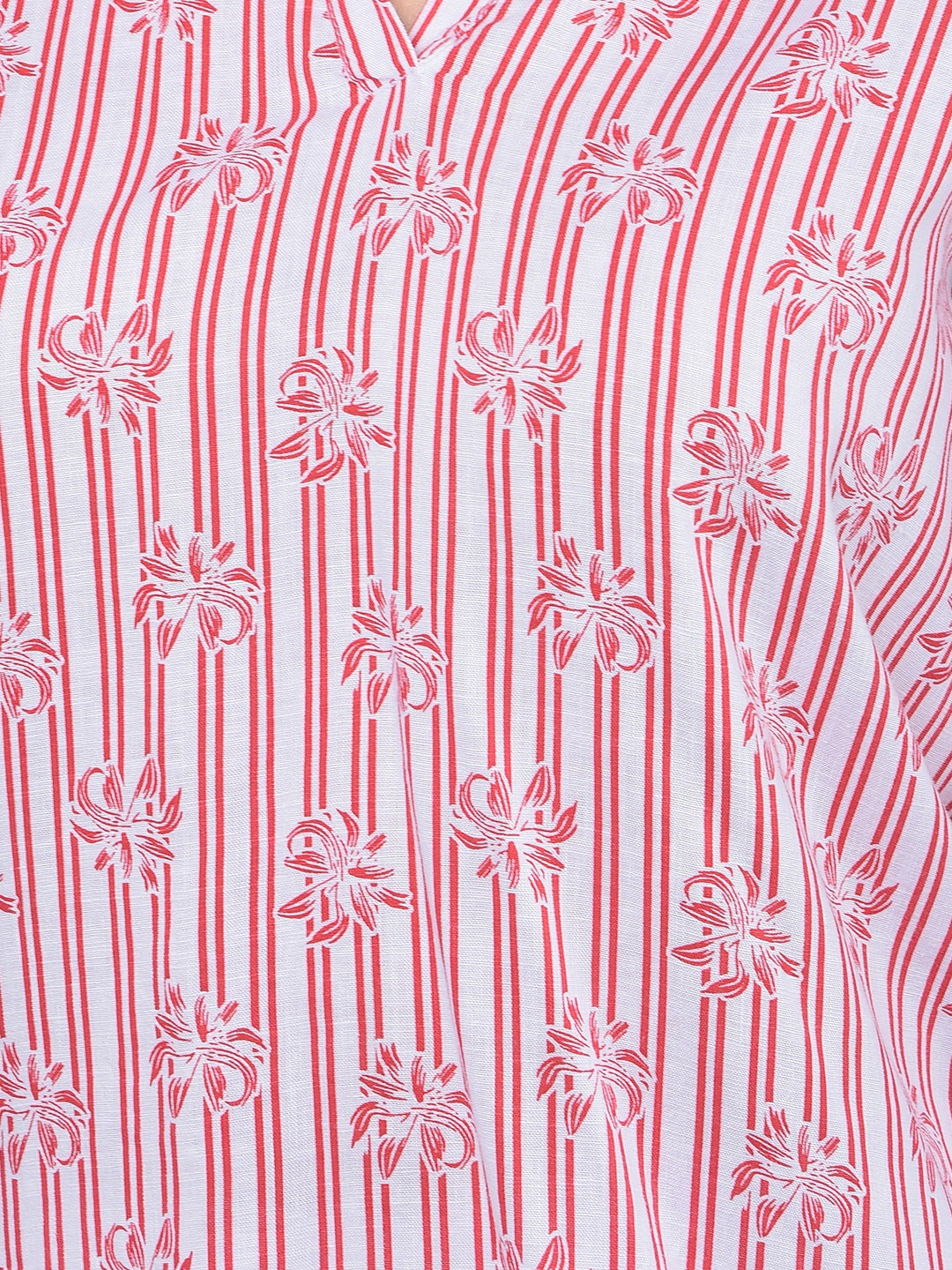Red Floral Print Linen Top-Women Tops-Crimsoune Club