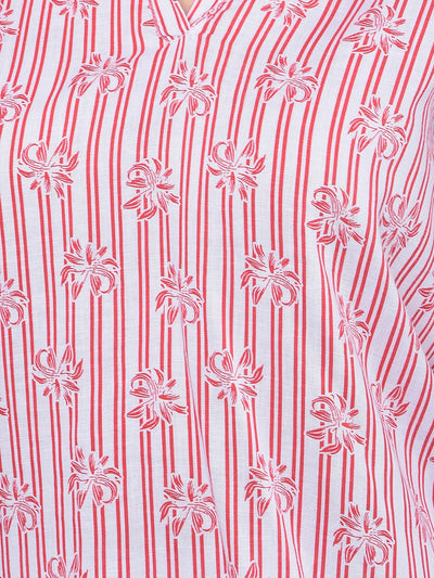 Red Floral Print Linen Top-Women Tops-Crimsoune Club