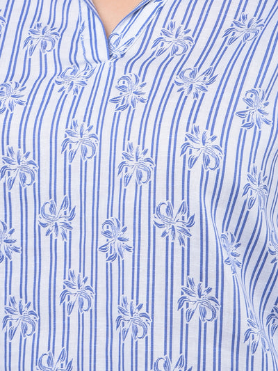 Blue Floral Print Linen Top-Women Tops-Crimsoune Club