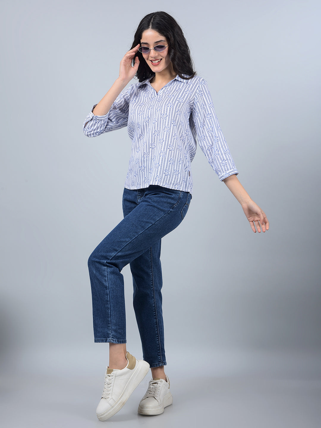 Blue Floral Print Linen Top-Women Tops-Crimsoune Club