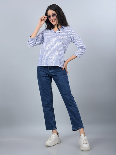 Blue Floral Print Linen Top-Women Tops-Crimsoune Club