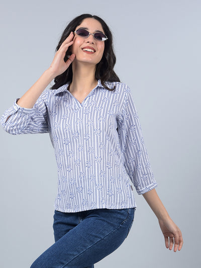 Blue Floral Print Linen Top-Women Tops-Crimsoune Club