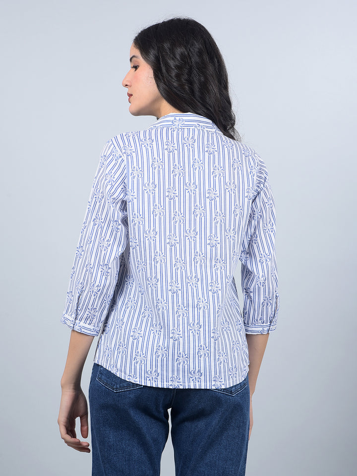 Blue Floral Print Linen Top-Women Tops-Crimsoune Club