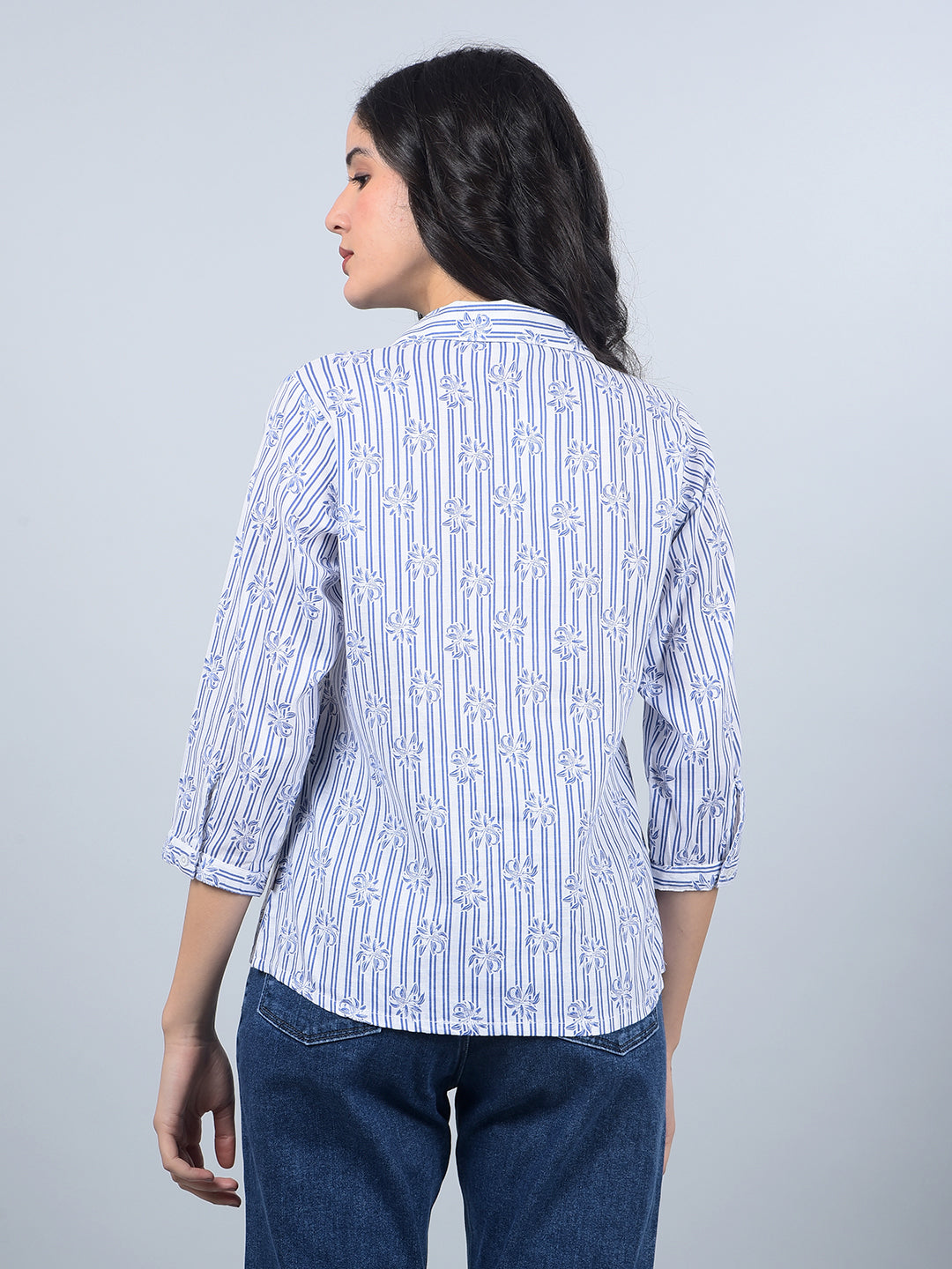 Blue Floral Print Linen Top-Women Tops-Crimsoune Club
