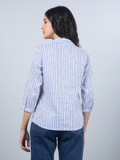 Blue Floral Print Linen Top-Women Tops-Crimsoune Club