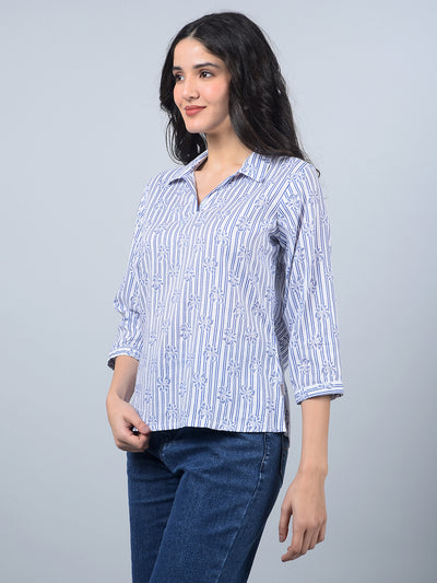Blue Floral Print Linen Top-Women Tops-Crimsoune Club