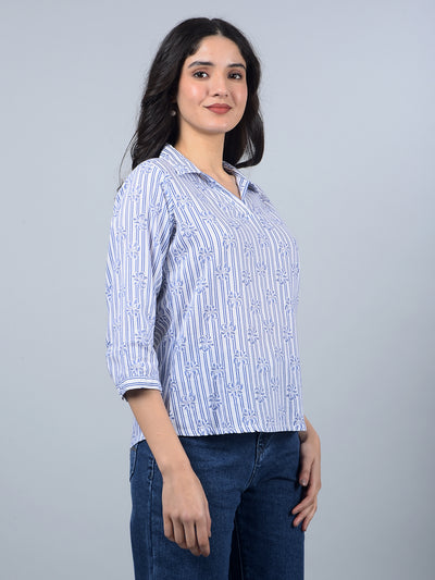 Blue Floral Print Linen Top-Women Tops-Crimsoune Club