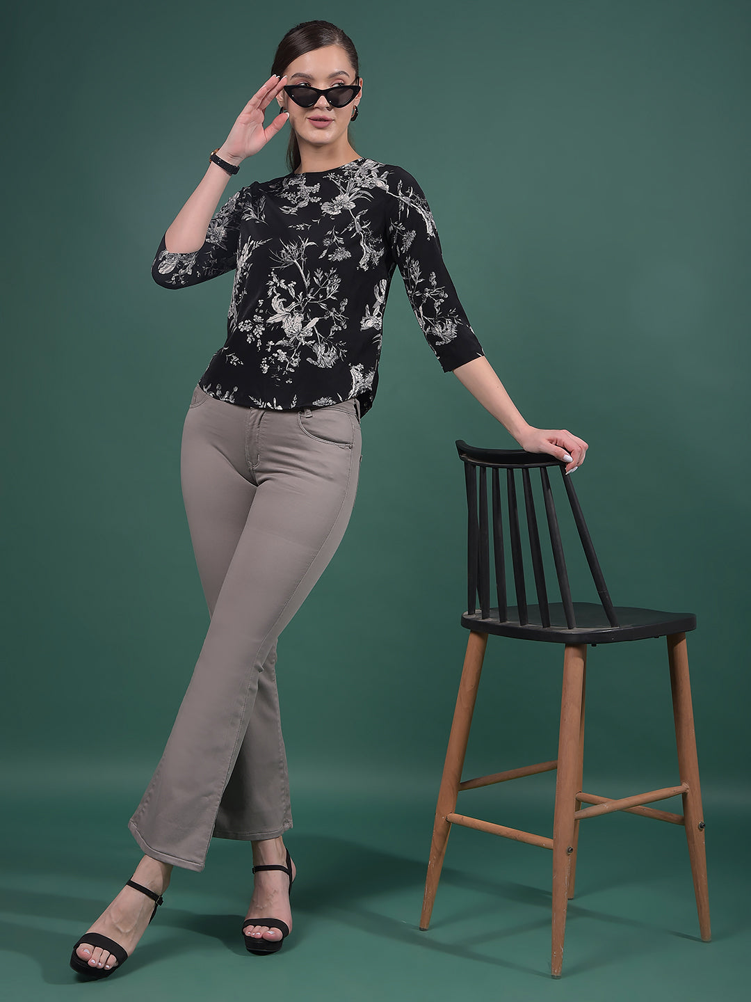 Grey Floral Print Top-Women Tops-Crimsoune Club