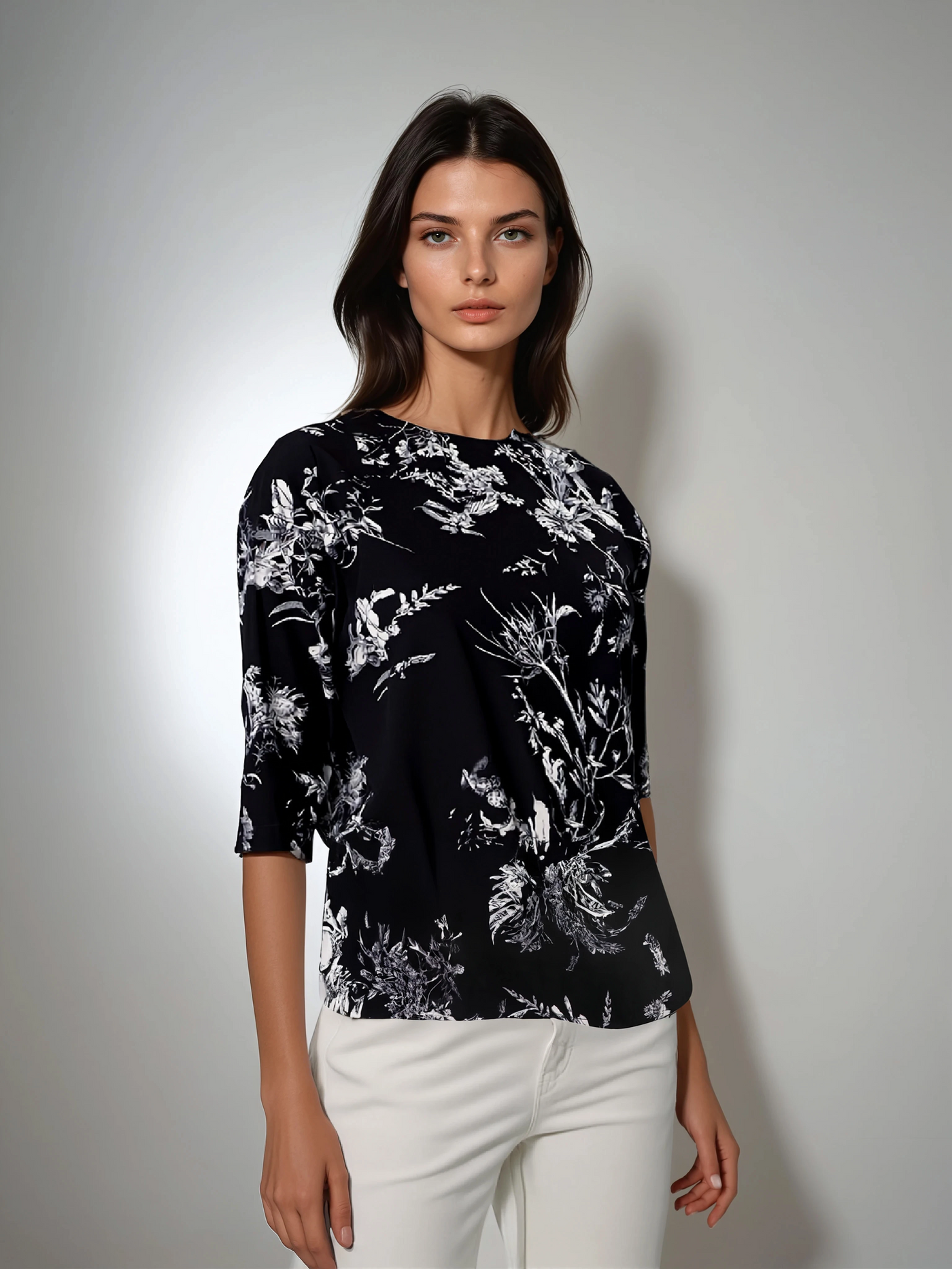 Grey Floral Print Top-Women Tops-Crimsoune Club