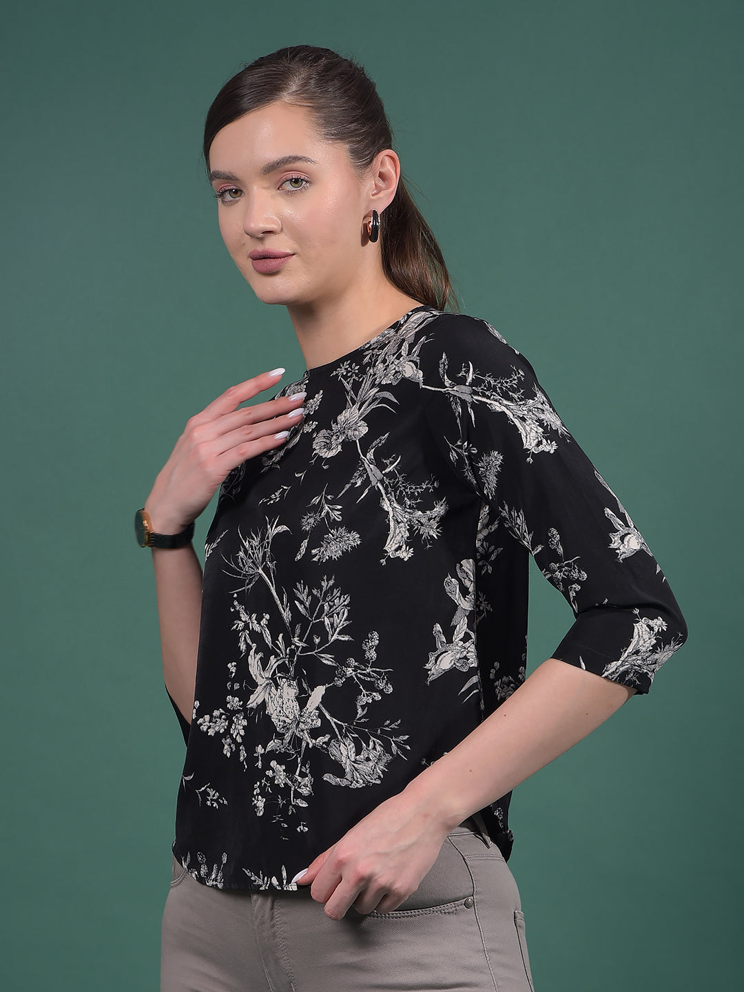 Grey Floral Print Top-Women Tops-Crimsoune Club