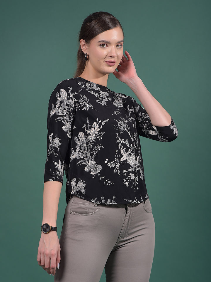 Grey Floral Print Top-Women Tops-Crimsoune Club
