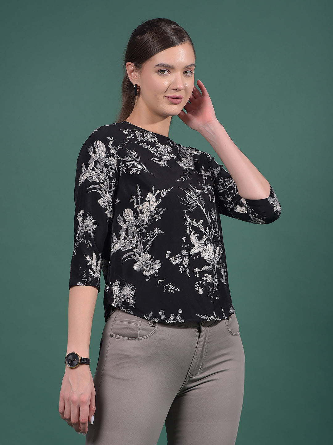 Grey Floral Print Top-Women Tops-Crimsoune Club