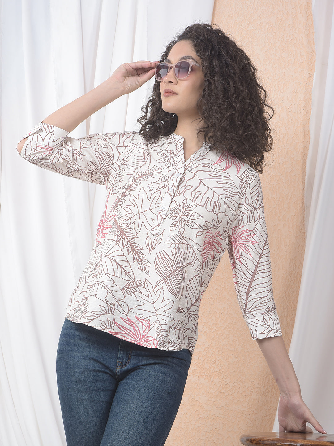 Pink Floral Print V-Neck Top-Women Tops-Crimsoune Club