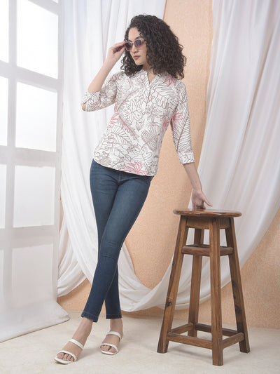 Pink Floral Print V-Neck Top-Women Tops-Crimsoune Club